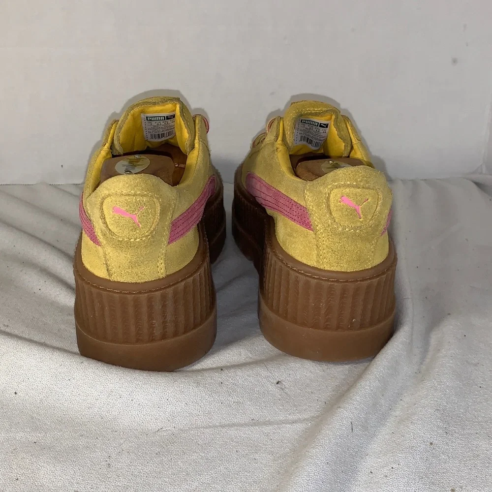 Puma Womens ‘Cleated Creeper’ Yellow Suede Platform Sneakers with Pink Stripe